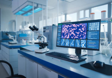 Modern Medical Research Laboratory. Scientific Lab, Drug Engineering Center Full of High-Tech Equipment, Computer Screen Showing DNA concept, Technology for Vaccine Development.